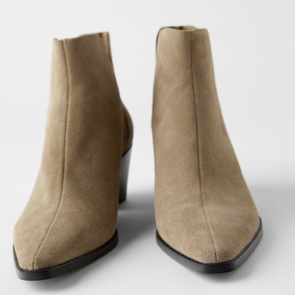 NEW Zara Beige Suede Cowboy Boots - Picture 2 of 9